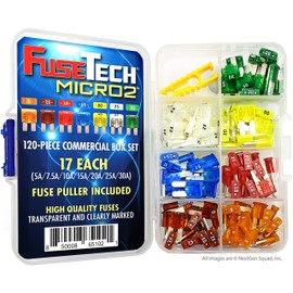 FuseTech Micro2 APT ATR 120 Piece Automotive Commercial Car Fuse Assortment (119 Blade Fuses + Fuse Puller) 5A 7.5A 10A 15A 20A 25A 30A