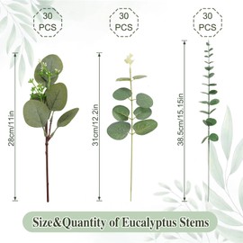 Alynsehom Artificial Greenery Stems 90pcs Mixed 3 Kinds Bulk Faux Eucalyptus Leaves Stems Fake Sprays Oval Eucalyptus with White Seeds, Floral Wreath Garland DIY Vase Bouquets Wedding Home Decor