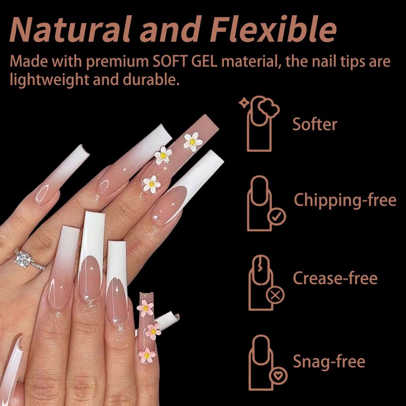 Cycullinyt 240Pcs Square Soft Gel Nail Tips, Long Square Nails,