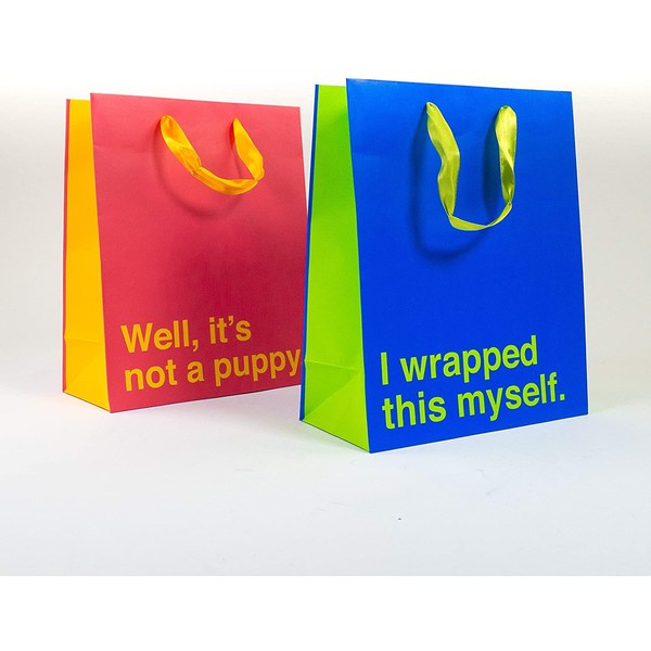Medium Gift Bag 2 Pack | Well, It's Not a Puppy | I Wrapped This Myself | Birthday, Flag Day, I Miss You, Hostess, Funny Novelty Gift Bag Bundle Wrapping | Pack of 2