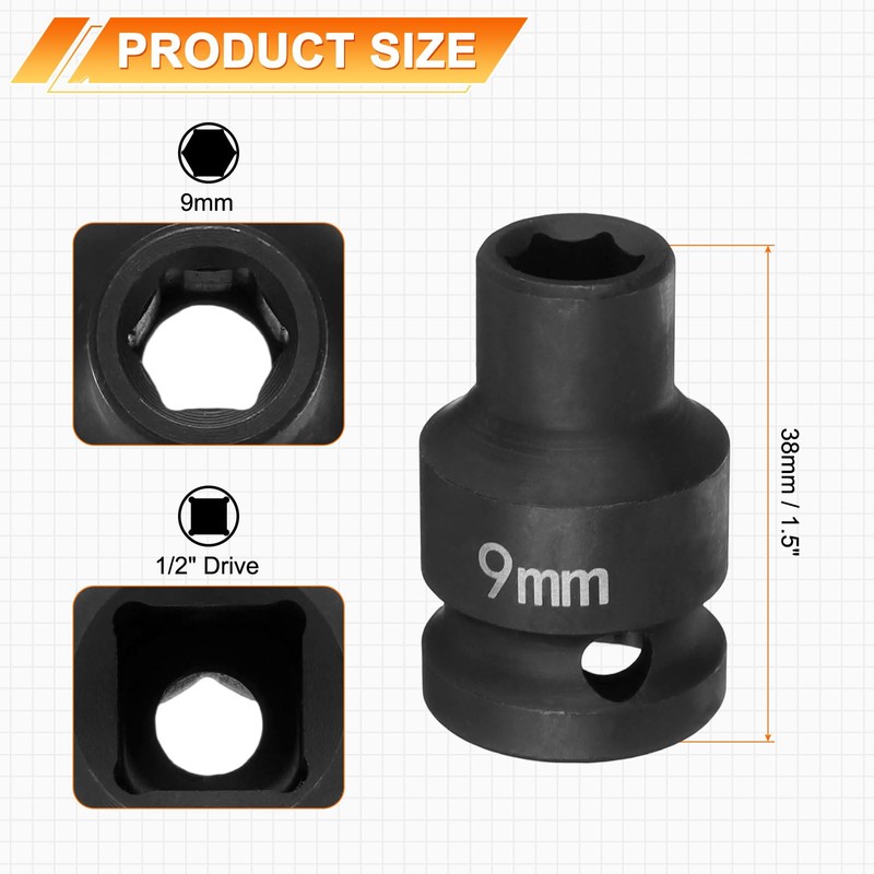 sourcing map 6 Point Impact Socket 9mm Metric Socket 1/2"