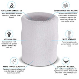 Suddora 4 Inch Arm Sweatbands - Thick Cotton Armbands for Gymnastics, Basketball, Tennis, Football (White)