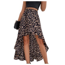 GORGLITTER Women's Leopard Ruffle Midi Skirt A Line Flared Flowy Sexy Asymmetrical High Low Hem Vacation Skirts Brown X-Large