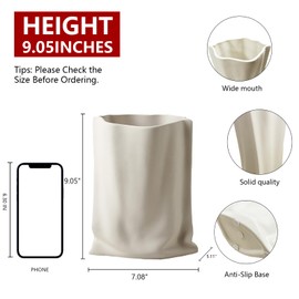 Relexome Ceramic Paper Bag Vase Crinkle Fold Flower Vases, Wabi-Sabi Minimalist Nordic Boho Ins Style for Centerpieces Living Room Office Bedroom Home Decor, Bouquet Gifts for Women Girl 9.1 Inches