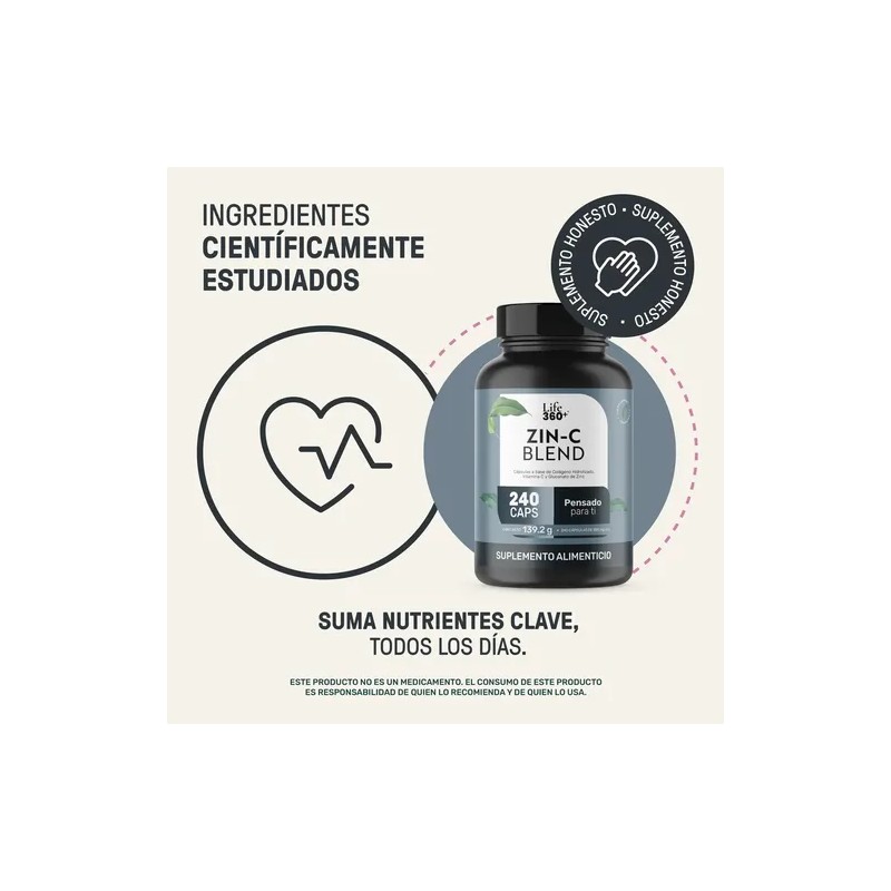 Zinc Vitamina Life360 Zin Blend 240 Cápsulas Colageno Sabor