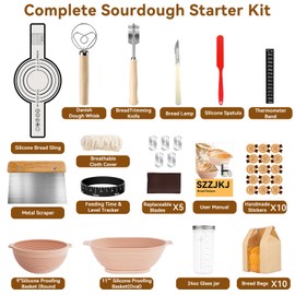 SZZJKJ Sourdough Starter Kit, 24PCS Sourdough Bread Baking Supplies, Silicone Banneton Bread Proofing Basket Set of 2, Sourdough Starter Kit Beginners with 10pcs Bread Bags for Baking Lovers