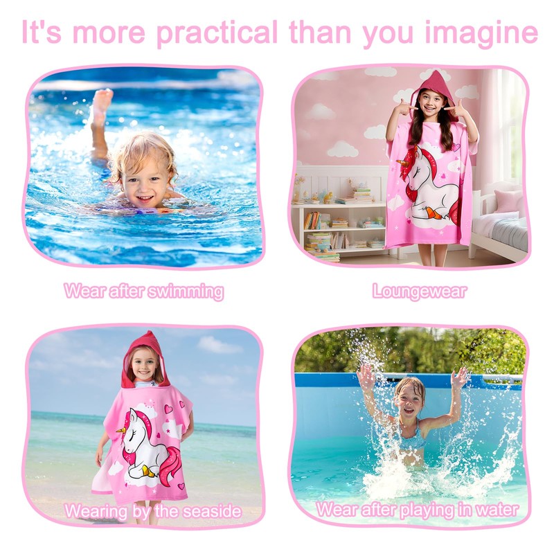 Uryxery Kids Hooded Poncho Towel - Pink Unicorn, 23.6×47.2in (60×120cm)