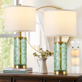 QiMH Glass Table Lamp Set of 2, Modern Gold Bedside Lamp for Living Room with White Fabric Shade, 24" Green Nightstand Lamps for Bedroom Home Office Decor, LED Bulbs Included