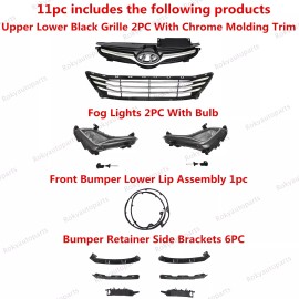 ROKY 11PC For Elantra 2014-2016 Upper Lower Chrome Grille Fog lights Bumper Brackets