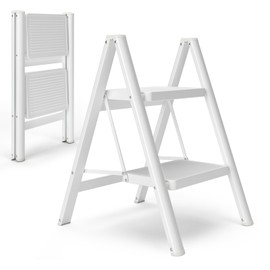 2 Step Ladder,Step Stool Foldable for Adults with Anti-Slip Foot Pads and Widened Pedals,Portable Step Ladder for Kitchen Office Library,330 lbs Capacity,Lightweight (White)