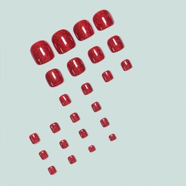 Red Press on Toenails Square Fake Toe Nails with Designs Glitter False Toe Nails Press ons Glossy Full Cover Cute Acrylic Glue on Toenails Artificial Stick on Toe Nails for Women Manicure 24Pcs