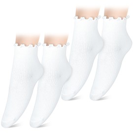 COMNICO 2 Pairs Women Frilly Socks, Ruffle Turn Cuff Sock White Ankle Socks Lovely Double Needle Solid Color Lace Edge Relent Breathable Cotton Warm Soft Casual Crew Sock for Women