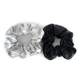 Silver Black pack 2 lamé lame shiny fabric stretch ponytail holders scrunchy 1970s disco style