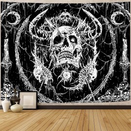 Lifeella Skull Tapestry, Gothic Horror Moon Skeleton Mystic Dark Tapestries for Bedroom Grunge Wall Hanging Black and White 44 x 60 inch