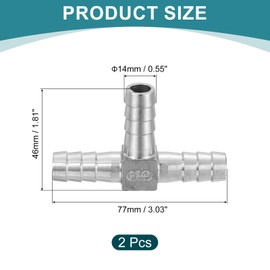 sourcing map 2Pcs 17/32" Tee Hose Barb Pipe Fitting, 304 Stainless Steel 3 Way Pipe Hose Pipe Fitting Adapter for Vacuum Systems, Industrial Pipe Connections, Silver