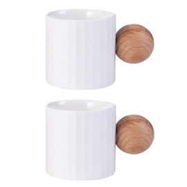 Fire Kirin Ceramic Espresso Cups Set of 2, 2 oz Mini Espresso Cups, Round Wooden Handle Stripes Demitasse Cups for Tea or Coffee (2, White)