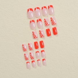 Valentines Press on Nails Medium Square Fake Nails, LPOODDNU Red Heart Glue on Nails Full Cover Valentine’s Day Artificial Nails Cute Hearts Stick on Nails for Women Manicure Tips Decorations, 24Pcs