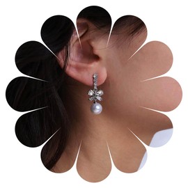 Inilbran Boho Crystal Bow Tie Earrings Vintage Bow Pearl Earrings Silver CZ Bow Stud Earrings Butterfly Knot Pearl Dangle Earrings Jewelry for Women and Girls