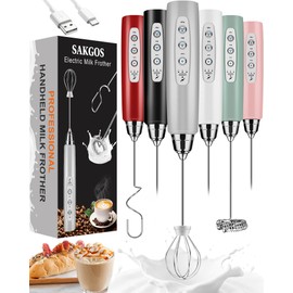 Sakgos Milk Frother Rechargeable Handheld-Electric Whisk 3 Speed Adjustable, Coffee Frother Wand with 3 Stainless Whisks, Electric Foam Maker, Drink Mixer Blender for Latte Cappuccino Matcha Egg