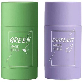 2 Pcs Green Tea/Eggplant Acne Clearing Solid Mask,Natural Green Tea Purifying Clay Mask Stick,Blackhead Deep Cleansing Mask,Deep Clean Pore Oil Control Anti-Acne For All Skin Types Men Women