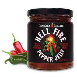 Jenkins Jellies Hell Fire Hot Pepper Jelly - Sweet & Spicy Jalapeño Jelly - Gluten Free, Vegan Pepper Jam - Use as a Glaze, Dipping Sauce, or Dessert Topping - All Natural & USA Made - 11 Ounces