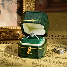 TAIMY Classical Victorian Style Wedding Tiny Ring Box, Handcrafted Gift Ring Box Proposal Pocket Size Small Keepsake Jewelry Box (Green, Square Octagon)