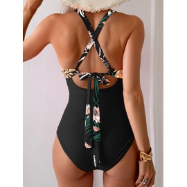 Eomenie One Piece Swimsuit for Women Tummy Control Mesh High Waisted Bathing Suit Wrap Tie Back Swimwear Black Floral