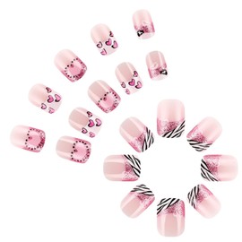 Valentine's Day Press on Nails Short - Love Glitter Press on Nails Heart Design French Tip Press on Lips Glitter Glossy Pink Fake Nails Valentines False Nails Cute Fashion Romantic Manicure for Women