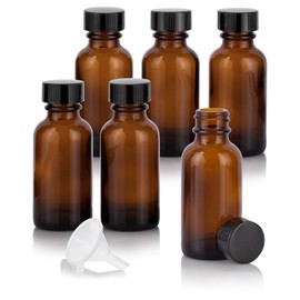 1 oz / 30 ml Amber Glass Boston Round Bottle with Airtight Phenolic Cap (6 Pack) + Funnel
