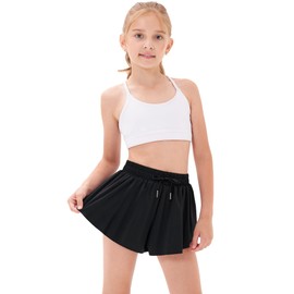 Stelle Girls Flowy Shorts with Pockets Athletic Running Skirt High Waist Butterfly 2 in 1 Sports Short 5-16 Years(Black,S)