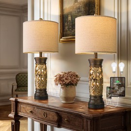 BOBOMOMO 27.25” Antique Gold Table Lamps Set of 2 – Farmhouse Bedside Lamps with Night Light & USB A+C Ports, Vintage Lamps for Bedroom, Living Room, Entryway, Nursery, Reading Nook(Bulbs Included