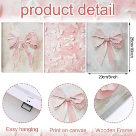AmazingSpark 3 Pcs Coquette Pink Bow Canvas Wall Decor Oil Painting Bow Wall Decor Prints Trendy Preppy Cute Art with Framed for Bedroom Bathroom Kitchen College 9.84 x 7.87 Inch