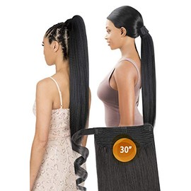 New Born Free Synthetic High Heat Resistant Fibers Wrap and Tail Natural Perm Yaki Straight 30 Inch Looser Ends Easy Styling Ponytail - PWPY30 (DYX1B/BROWN)