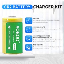 AOBOO CR2 Battery Charger 3V USB Charger, 2 PCS 300Mah Rechargeable Batteries, Suitable for Digital Cameras, Golf Rangefinders, Telescopes