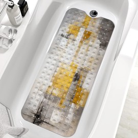 KINUUIS Bath Tub Mat Non Slip, Abstract Non Slip Bath Mat for Shower, Large Washable Shower mats for Showers with Drain Holes and Suction Cups,40 X 16 Inch (Yellow Grey Watercolor)