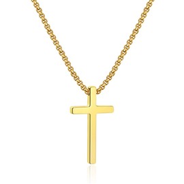Ursteel Gold Stainless Steel Necklace for Men, 22" Guys Cross Chain, Plain Cross Pendant, Waterproof, Hypoallergenic