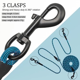 BTINESFUL 12FT 20FT 30FT 50FT Reflective Dog Tie Out for 2 Dogs, No Tangle 20ft by 1/3 Inch Nylon Rope Long Tether for Two Dogs, Dog Trolley Runner for Yard Outdoor Camping (20 ft x 1/3", Blue)