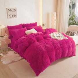 HAIHUA Fluffy Hot Pink Comforter Cover Queen Set, Soft Plush Furry Hot Pink Bedding Queen Set 3 Pieces (1 Shaggy Duvet Cover + 2 Faux Fur Pillow Cases) Fluffy Bed Set, Zipper Closure