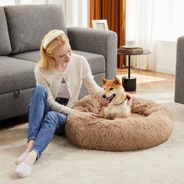 DUMOS Donut Dog Bed - Dogs Bed for Small Dogs, Anti-Anxiety Washable Round Bed，Brown