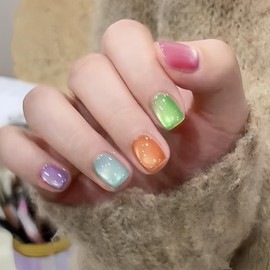 Noerrors Extra Short Press on Nails Cat Eye Real Super Short Square Cute Acrylic Jelly Glass False Nail Small Fake Nails Glitter Bling Colorful Rainbow Neon Glue on Nail Full Cover for Girl XS 30pcs