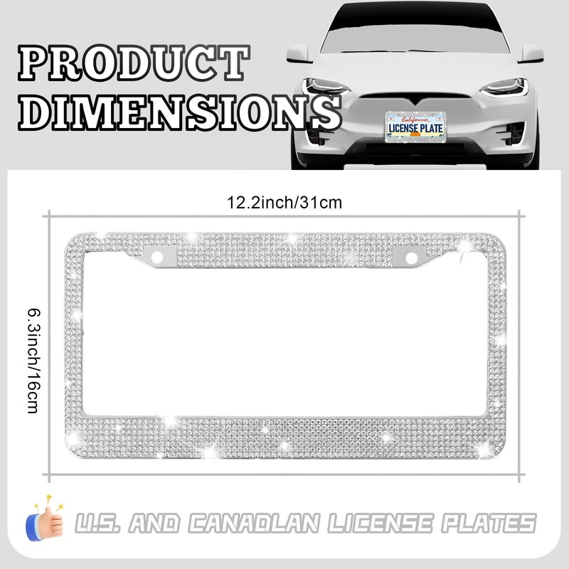 2 Pack Bling License Plate Frames, Sparkly Rhinestone Diamond Car