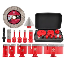 Diamond Tile Hole Saw Kit 13pcs - (6/6/8/20/35/50/75/100mm+20mm Milling Bit+50mm Chamfer Bit+SDS+115mm Saw Blade) Diamond Core Drill Bit Set for Porcelain Tile Ceramic Marble Granite FOCSTOL