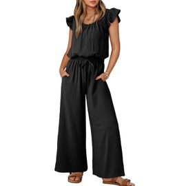 Dokotoo Jumpsuits for Women 2025 Fall Ruffle Sleeves Square Neck Rompers Beach Vacation Essentials High Waisted Wide Leg Pants Dressy Resort Wear 2025 with Pockets for Party,Black Medium