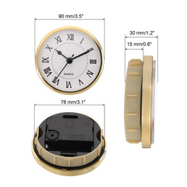 PATIKIL 3.5" 90mm Quartz Clock Insert, Round Quartz Movement Miniature Clock Mini Roman Numeral Clock Fit 78mm/3.1" Diameter Hole for Replacement Home, Gold Tone/White, Style 3