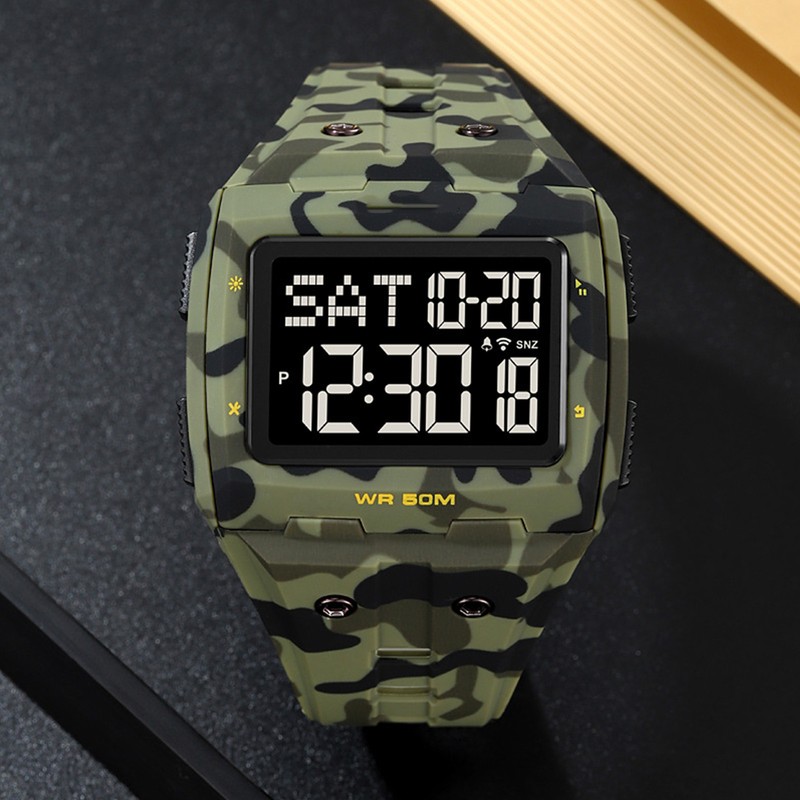 Digital Sports Watch Dual Time Display Night Light Adjustable TPR