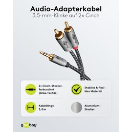 goobay 65289 Stereo RCA to Jack 3.5 Aux Cable 3 m HiFi Audio Aux Cable for Smartphone; Console; System/Textile Sheath/Gold-Plated