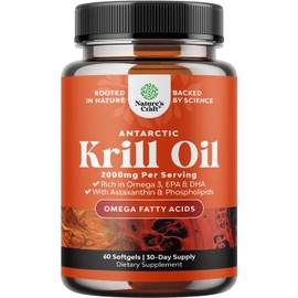 Antarctic Krill Oil 2000mg Softgels Per Serving - Omega 3 Krill Oil Supplement with EPA DHA & Astaxanthin for Brain Joint & Heart (60 Count (Pack of 1))