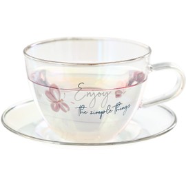 Pavilion Gift Company - Enjoy The Simple Things - 7-ounce Glass Teacup with Saucer Set, Iridescent Coffee Cup, Butterfly Teacup, 1 Count - Pack of 2