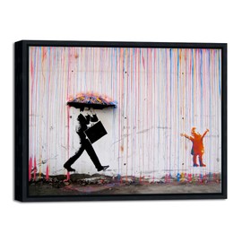 Wieco Art Framed Banksy Raining Day or Colorful Graffiti Street Famous Canvas Paintings Wall Art Modern Inspirational Grey Love Pictures Print Artwork for Home Office Decor