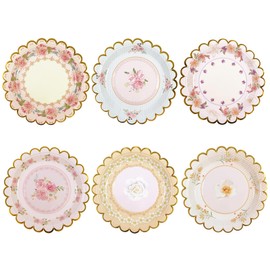 DHAIQC 48 Stück Vintage Pappteller Blume 17,8 cm, Blumen Partyteller mit gewellten, Einwegteller für Nachmittagstee, Geburtstag, Brautparty, Babyparty, Hochzeitsfeier-Dekoration (Blumen)